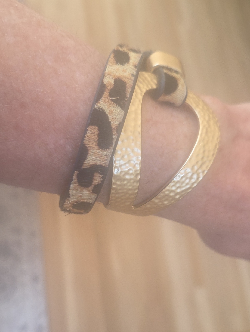 Leopard Print and Hammered Gold Wrap Bracelet